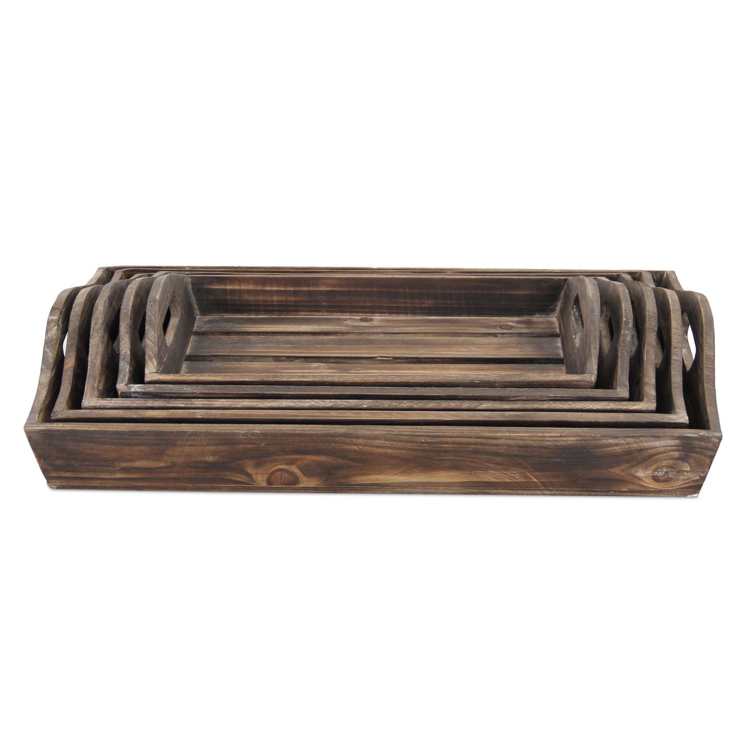 "Set Of 5 Rustic Natural Brown Wood Handmade Trays With Handles"