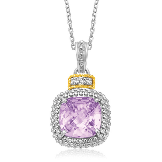 18k Yellow Gold &amp; Sterling Silver Cushion Amethyst and Diamond Pendant