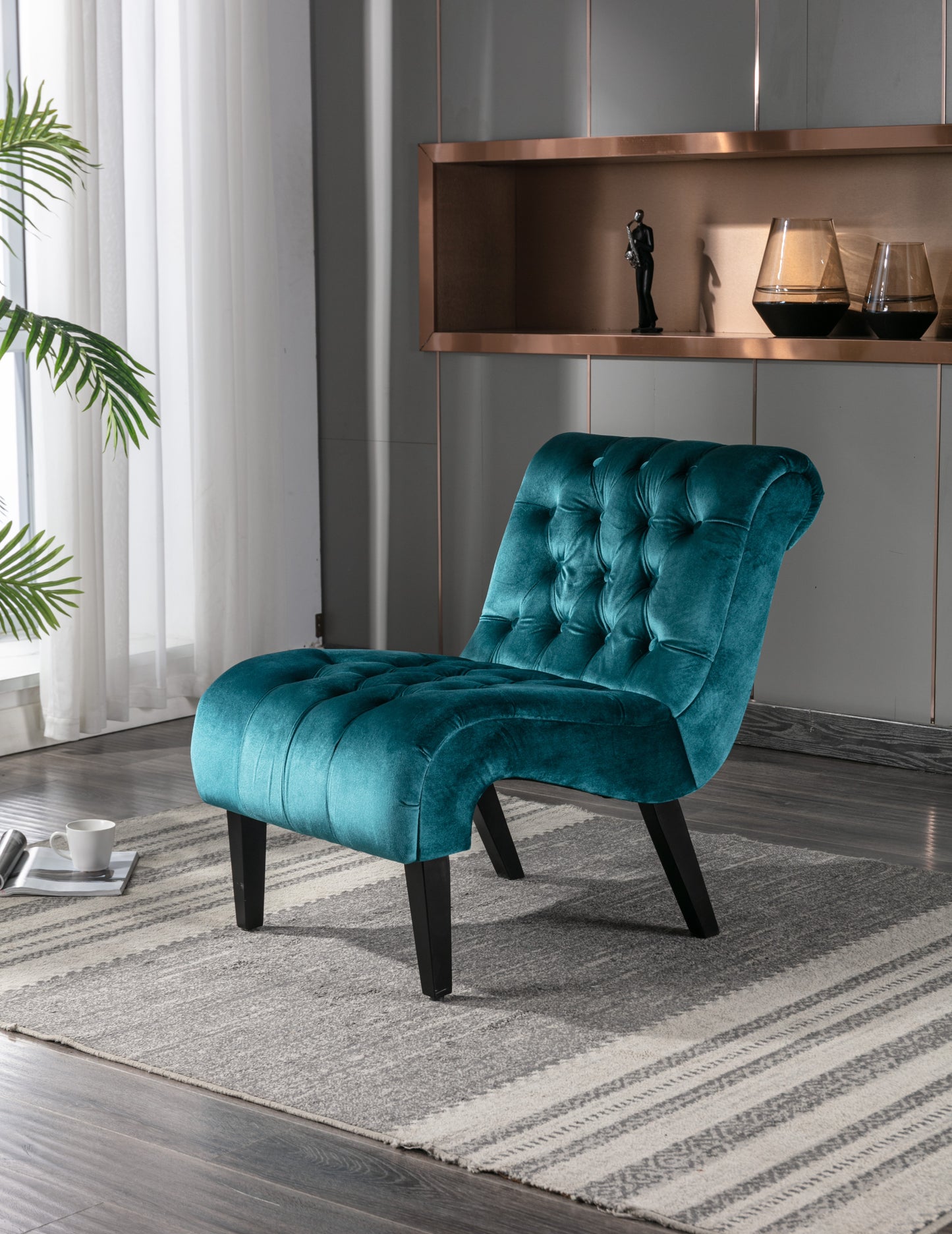 COOLMORE Modern Velvet Armless Accent Living Room Chair / Leisure Chair,Upholstered Fabric Button Comfortable Chair with Wooden Legs for Bedroom, Living Room, Office (Teal Velvet)