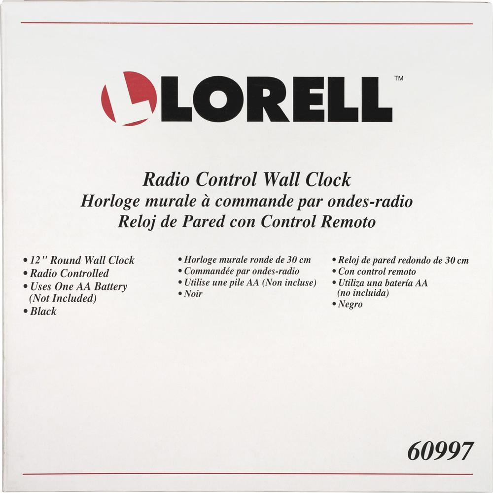 Lorell 12" Round Radio Controlled Wall Clock - Analog - Quartz - White Main Dial - Black/Plastic Case