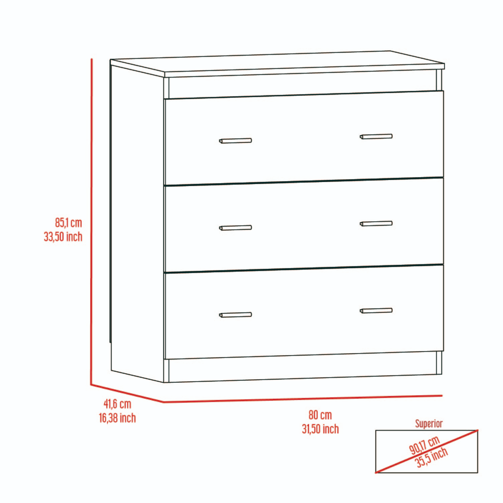 Three Drawer Dresser Whysk, Superior Top, Handles, Light Gray / White Finish