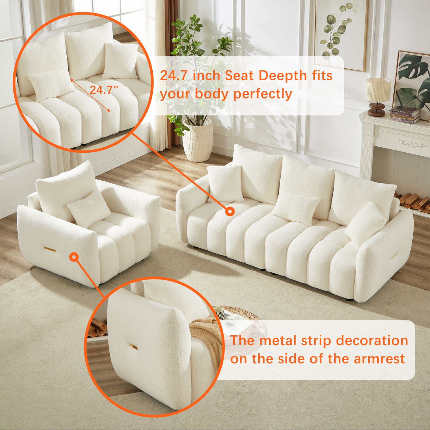 1 Seater + 3 Seater + 3 Seater,  Combo Sofa Modern Living Room Sofa, Teddy Sofa, Wooden Frame, 7 Cushions, Apartment Sofa Furniture