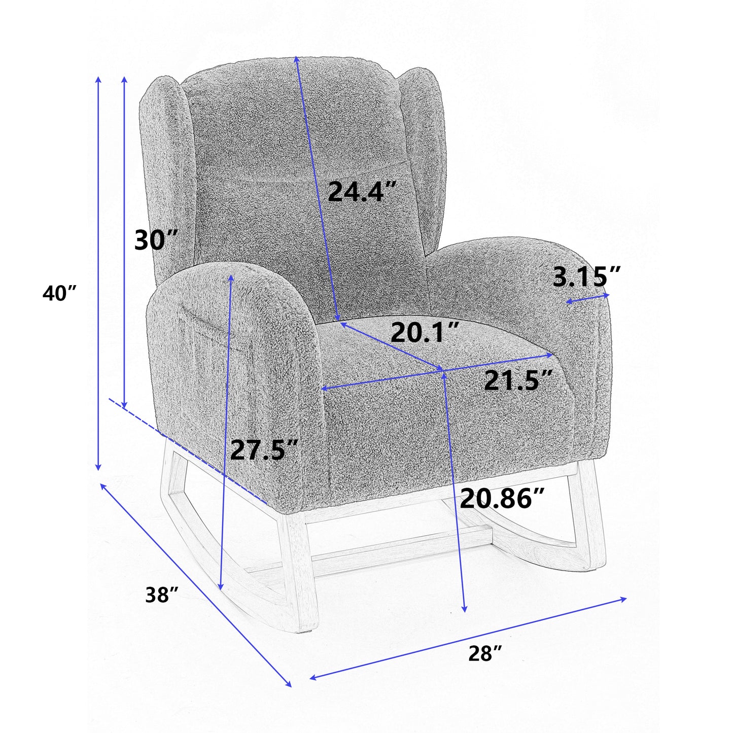 049-Teddy Fabric Rocking Chair With Packet Wood Legs,Ivory