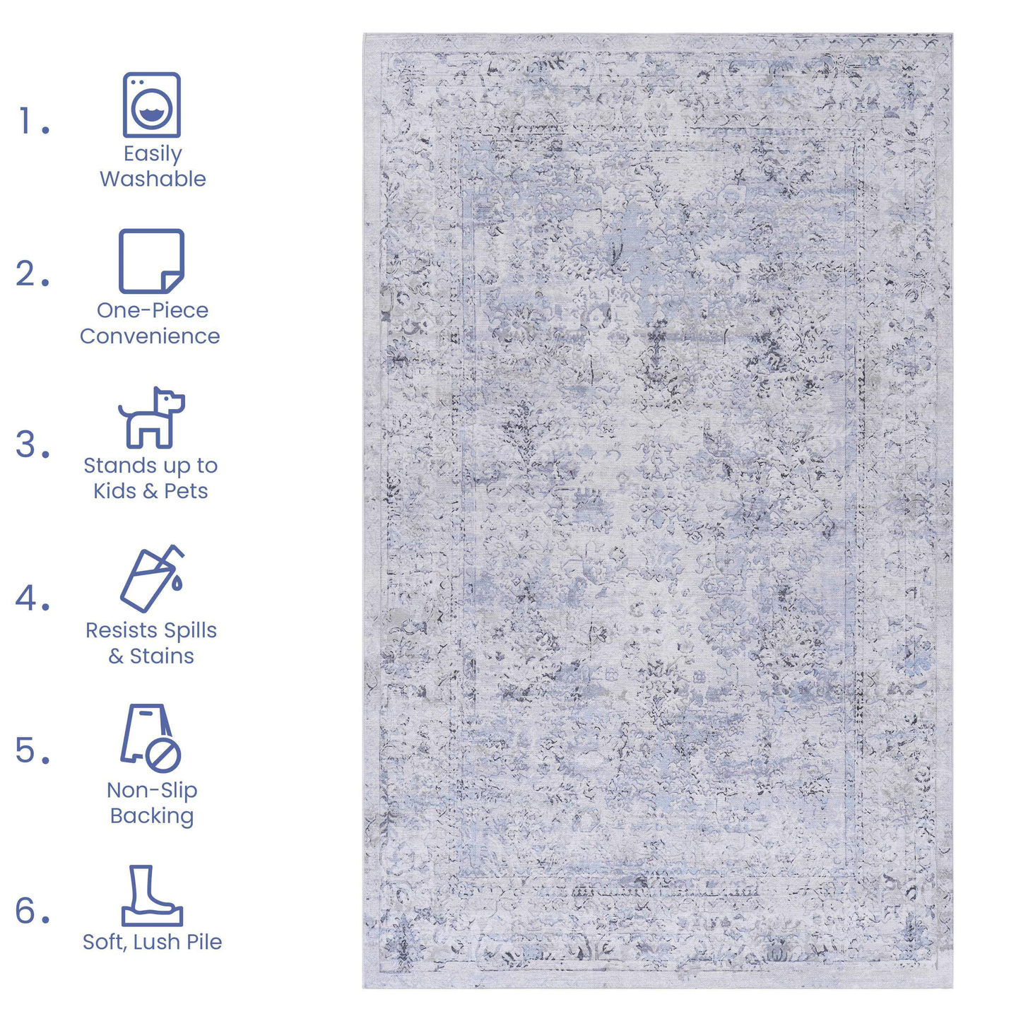 Area Rug, Washable Rug, Low-Pile, Non-Slip, Non-Shedding, Foldable, Kid & Pet Friendly - Area Rugs for living room, bedroom, kitchen, dining room rug - Perfect Gifts, (Blue+Cream, 2'6'' x 10')