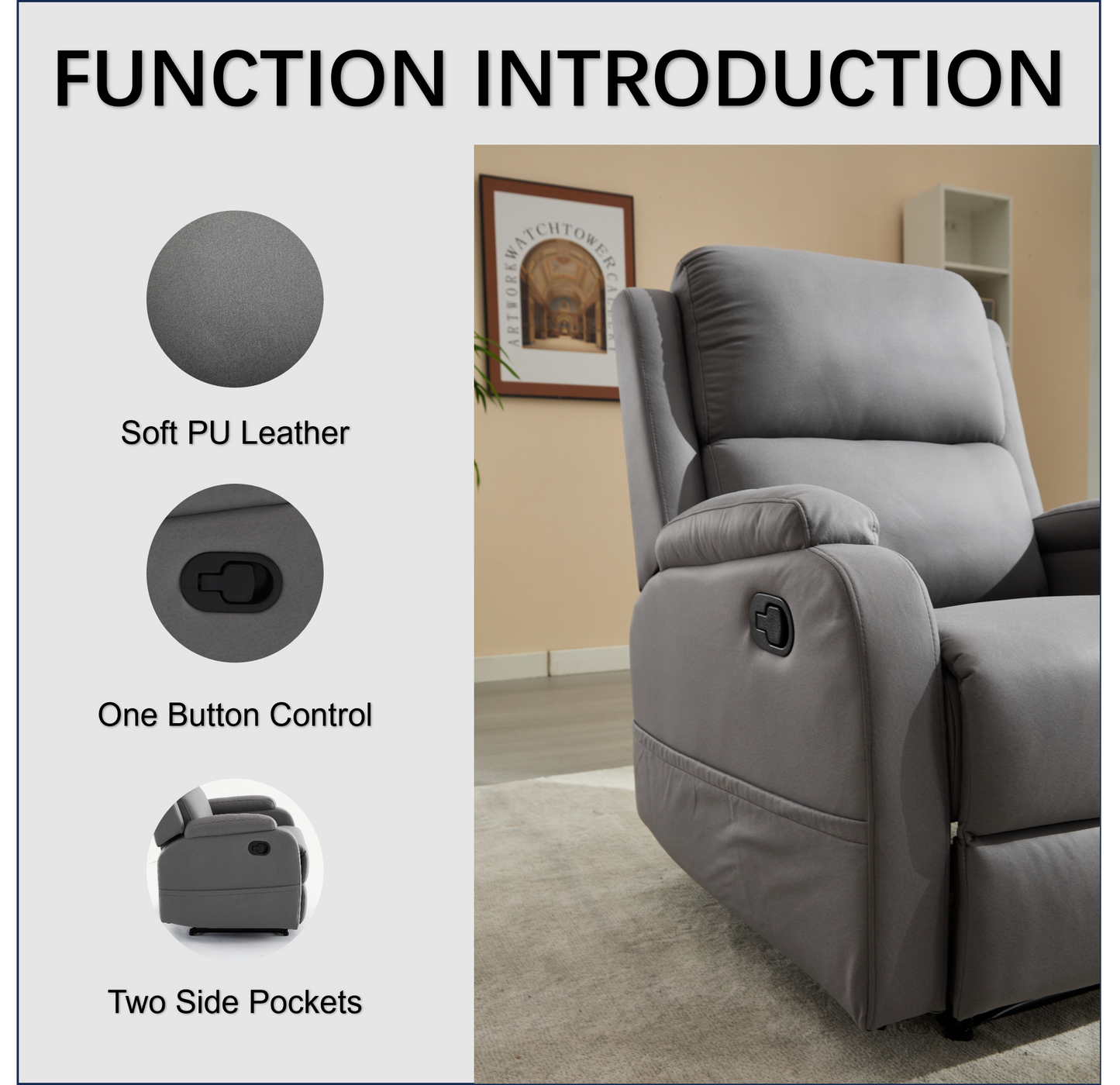 Best Choice Recliner Chair Living Room Reclining Sofa Chair, Home Theater Seating Modern Recliner, Manual Recliner Sofa Chair for Living Room/Office/Apartment, Easy-to-Reach Side Button - Gray