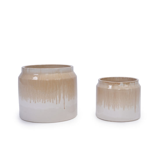 Set of 2 Gradient Ceramic Flowerpot, Modern Planter for Patio, Garden, Windowsill - White Brown