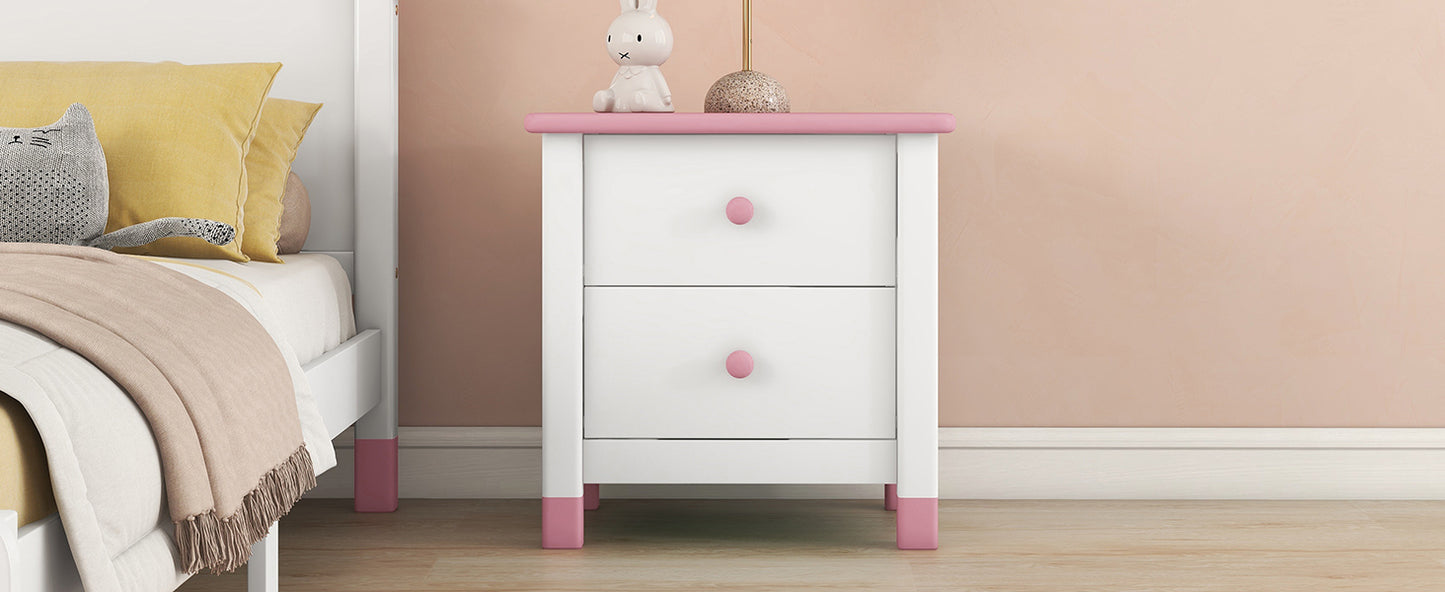 Wooden Nightstand with Two Drawers for Kids,End Table for Bedroom,White+Pink