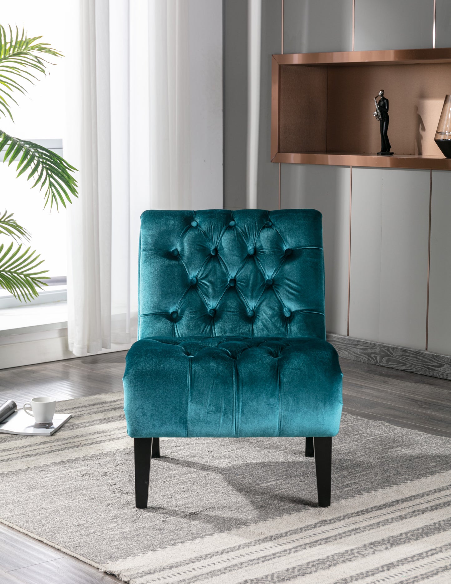 COOLMORE Modern Velvet Armless Accent Living Room Chair / Leisure Chair,Upholstered Fabric Button Comfortable Chair with Wooden Legs for Bedroom, Living Room, Office (Teal Velvet)