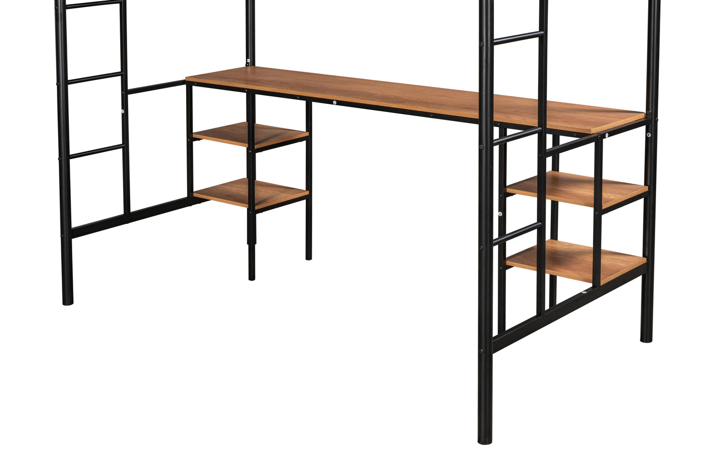 Twin-size Loft Bed with Table & Shelves/ Heavy-duty Sturdy Metal/ Built-in Table & Shelves/ Noise Reduced/ Safety Guardrail/ 2 Side Ladders/ CPC Certified/ No Box Spring Needed