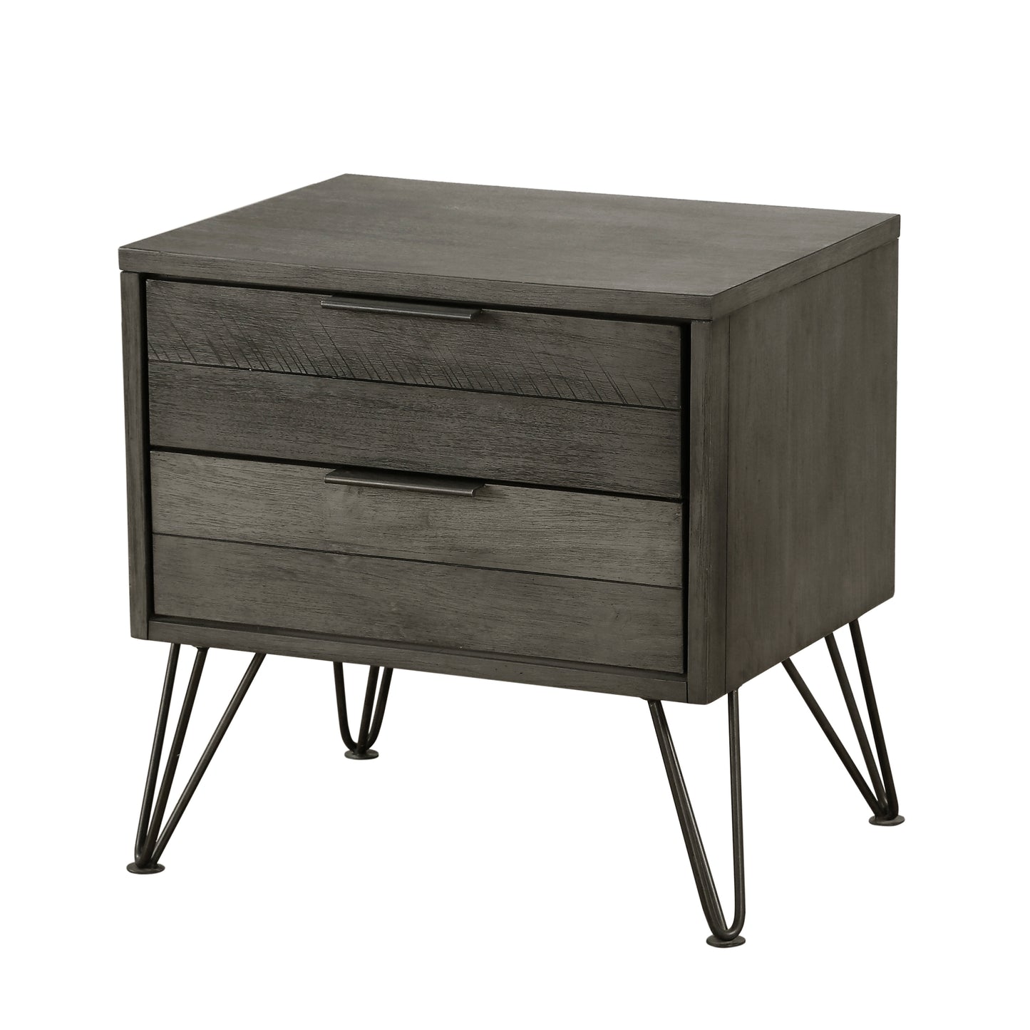 Contemporary Three-Tone Gray Finish Nightstand Perched atop Metal Legs Acacia Veneer Modern Bedroom Furniture