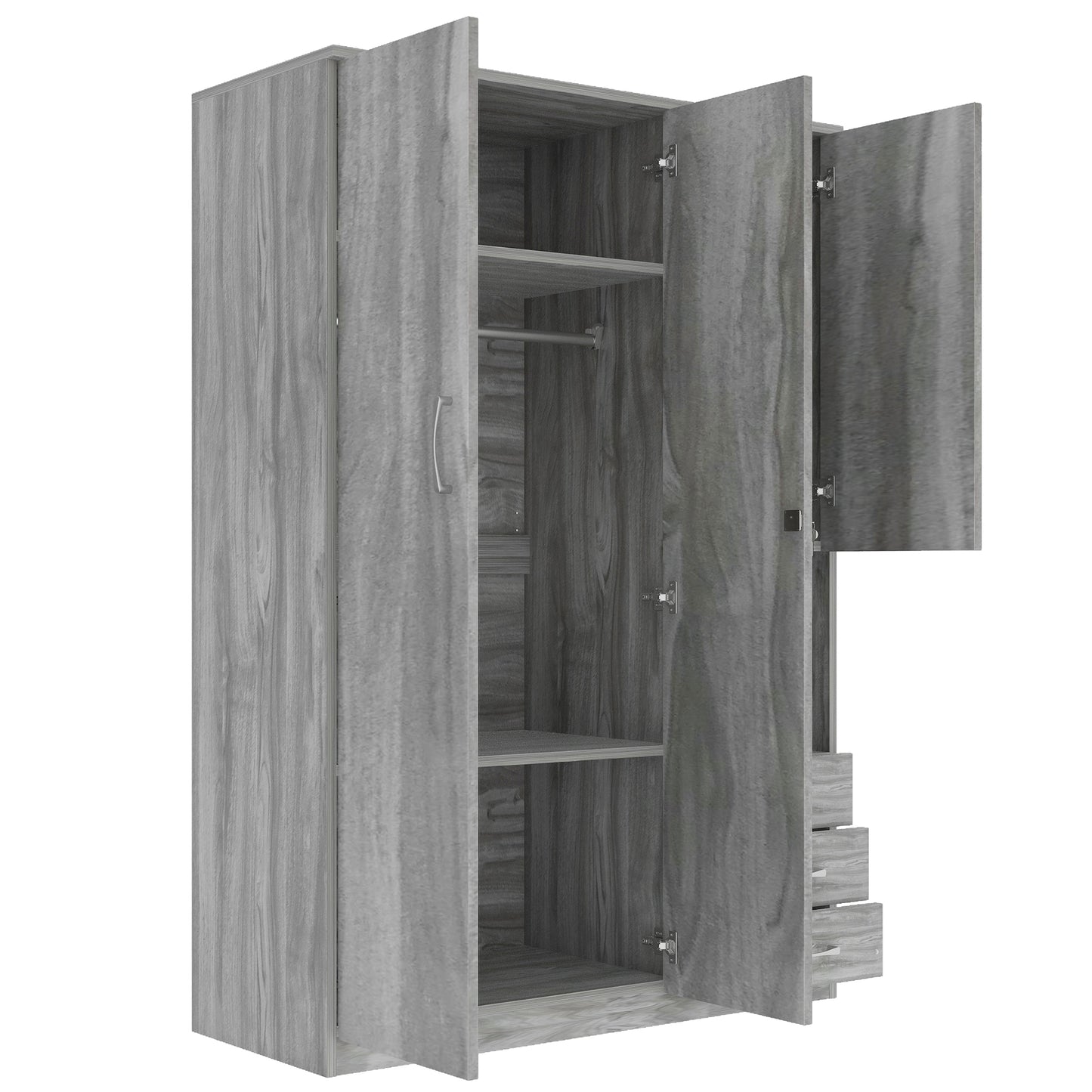 2-Doors Wooden Wardrobe Storage for Bedroom, with Shelves and 3 Drawers, Gray