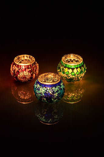 Ecru Green Blue Mosaic Glass Candleholder Set of 3 - Luxury Turkish Handmade Moroccan Mid Century Candle Holder
