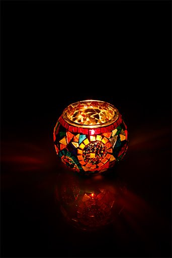 Multicolor Large Circle Mosaic Decorative Glass Candle Holder - Luxury Turkish Handmade Moroccan Mid Century Candle Holder
