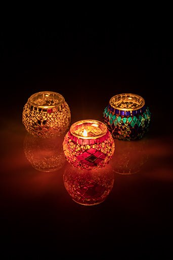 Orange Blue White Mosaic Decorative Glass Candleholder Set of 3 - Luxury Turkish Handmade Moroccan Mid Century Candle Holder