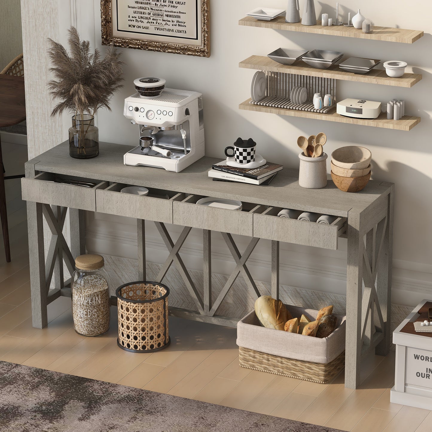 U_Style 60''Acacia Veneer Console Table with 4 Spacious Drawers, Modern Crisscross Design Entryway Table with Open Bottom Storage,Farmhouse Sofa Table for Living Room,Kitchen,Dining Room,Hallway