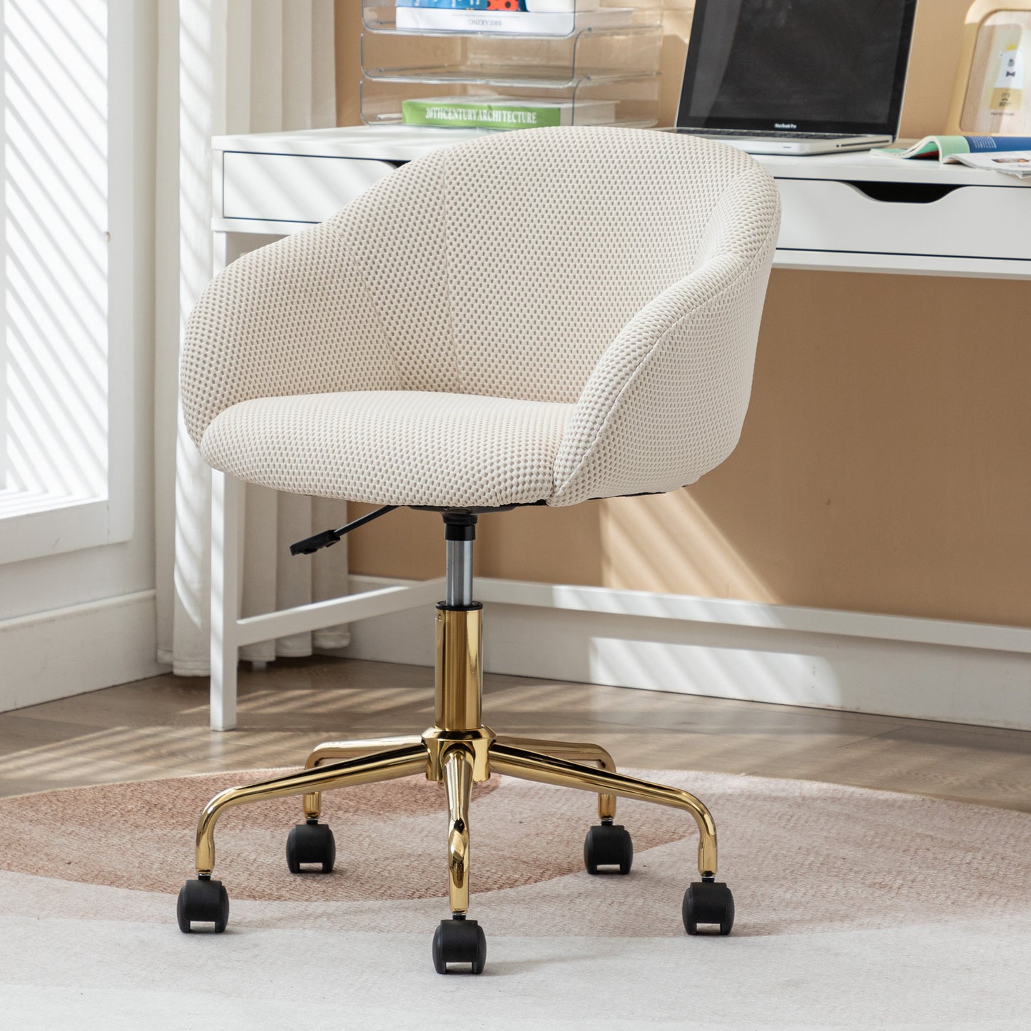 047-Mesh Fabric Home Office 360°Swivel Chair Adjustable Height With Gold Metal Base,Beige