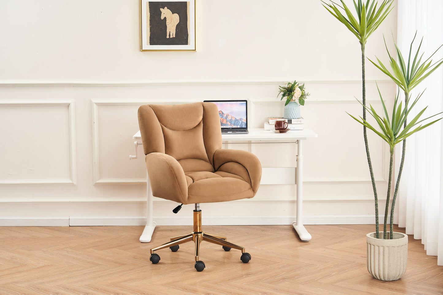 005-Velvet Fabric 360 Swivel Home Office Chair With Gold Metal Base And Universal Wheels,Coffee