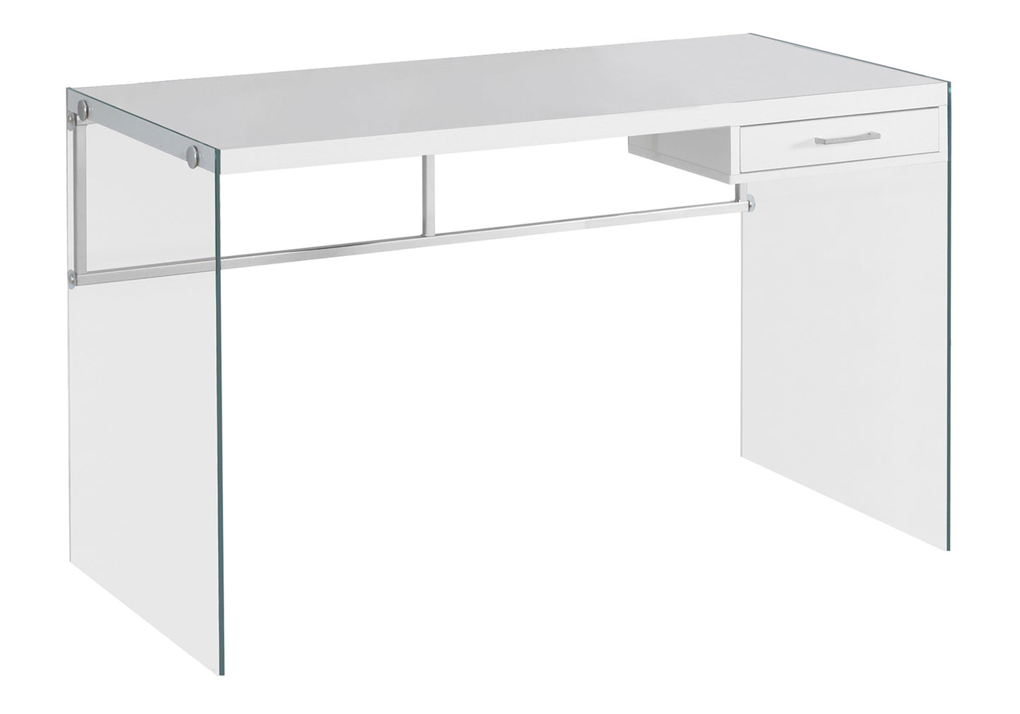 Computer Desk, Home Office, Laptop, Storage Drawers, 48'l, Work, Glossy White Laminate, Clear Tempered Glass, Contemporary, Modern