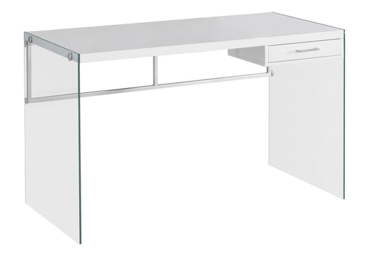 Computer Desk, Home Office, Laptop, Storage Drawers, 48'l, Work, Glossy White Laminate, Clear Tempered Glass, Contemporary, Modern
