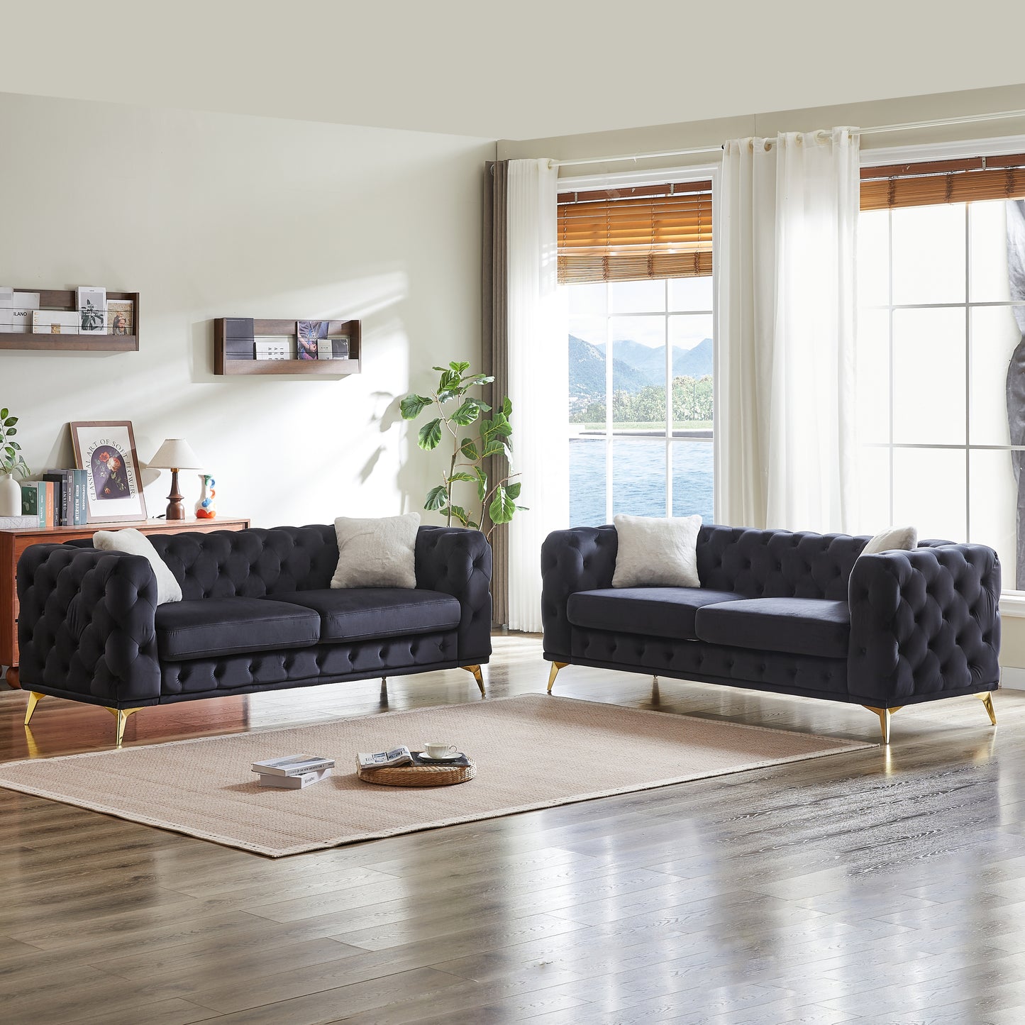 FX 3 seater + 3 seater combo sofa Velvet modern living room sofa with solid wood frame and metal feet, 4 cushions, apartment sofa furniture for living room, living room, office