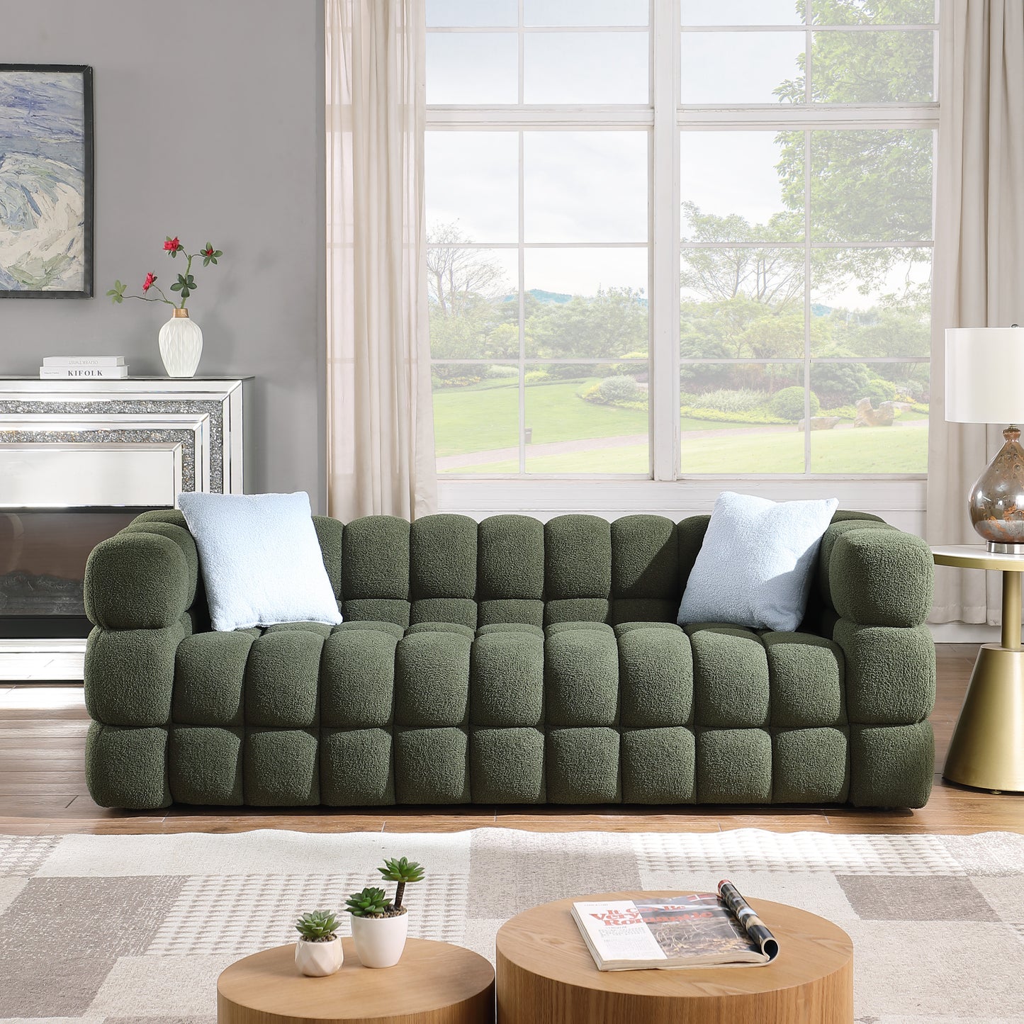 84.3 length ,35.83" deepth ,human body structure for USA people,  marshmallow sofa,boucle sofa ,3 seater, OLIVE GREEN BOUCLE