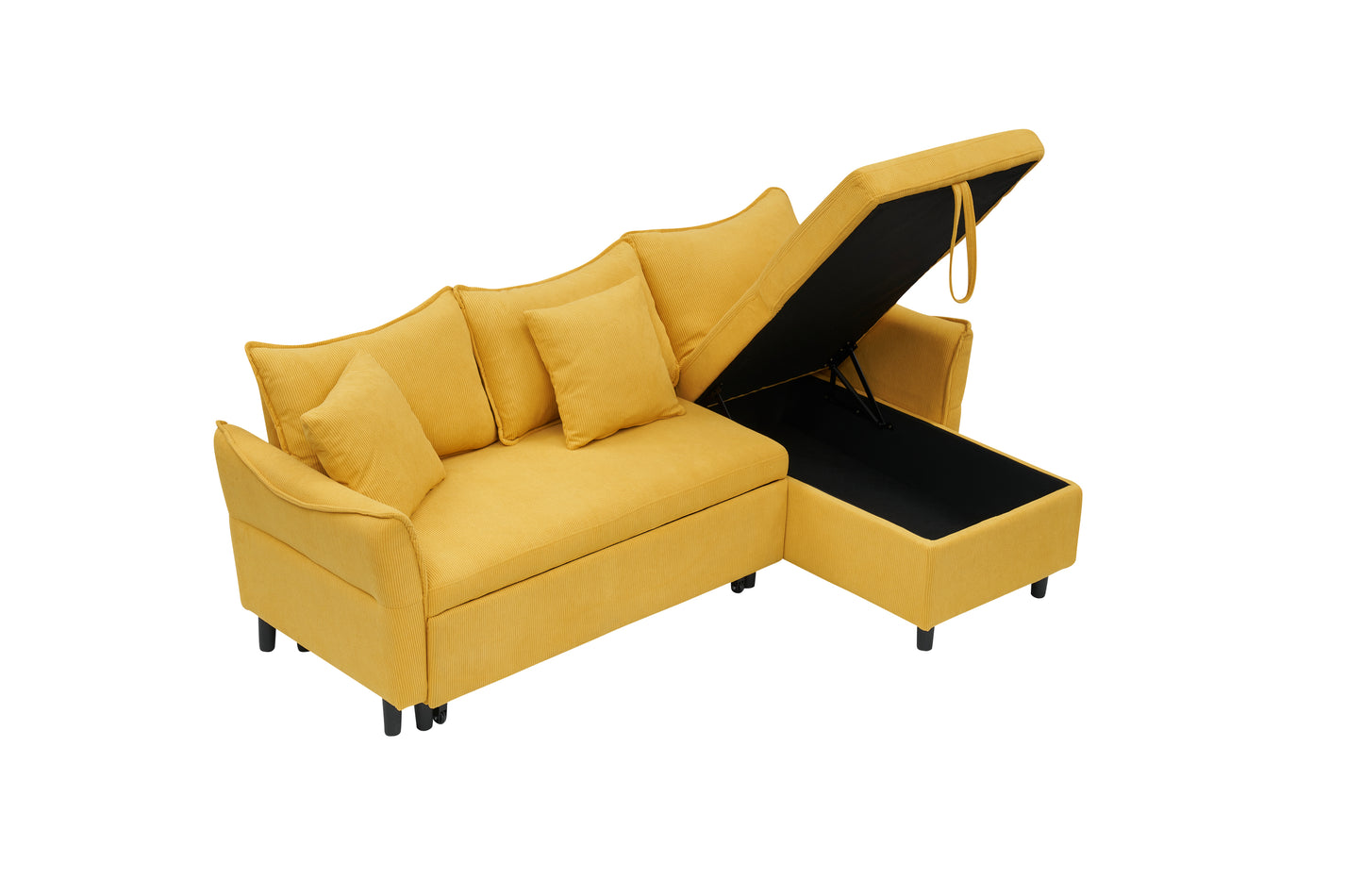 The 80-inch yellow corduroy L-shaped sofa comes with two small throw pillows that can be converted into a sofa bed for storage