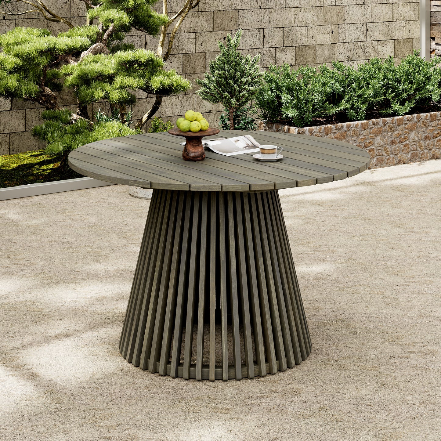 Outdoor Acacia Wood Patio Dining Table, 47.25-inch extra-large round dining table,for Backyard, Lawn, Balcony,Grey Finish