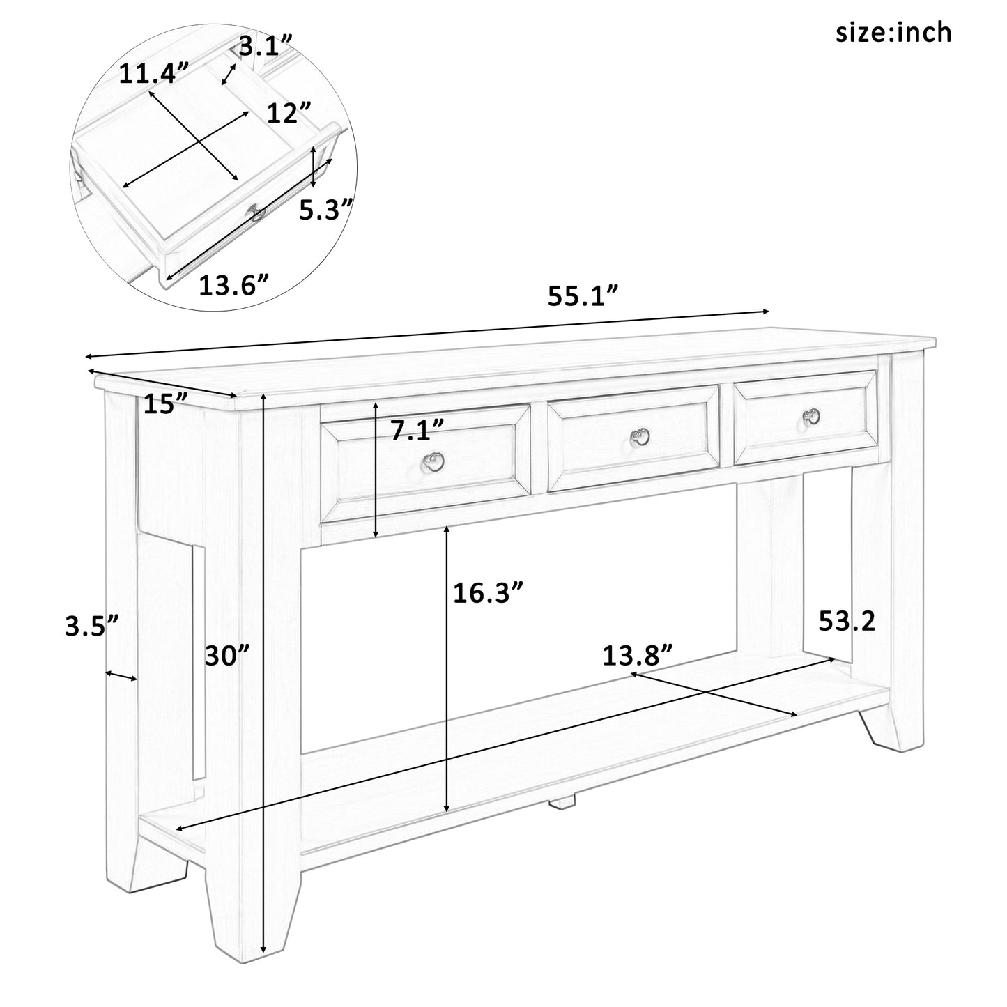 U_STYLE 55'' Modern Console Table Sofa Table for Living Room with 3 Drawers and 1 Shelf (As Same As WF299185AAP)