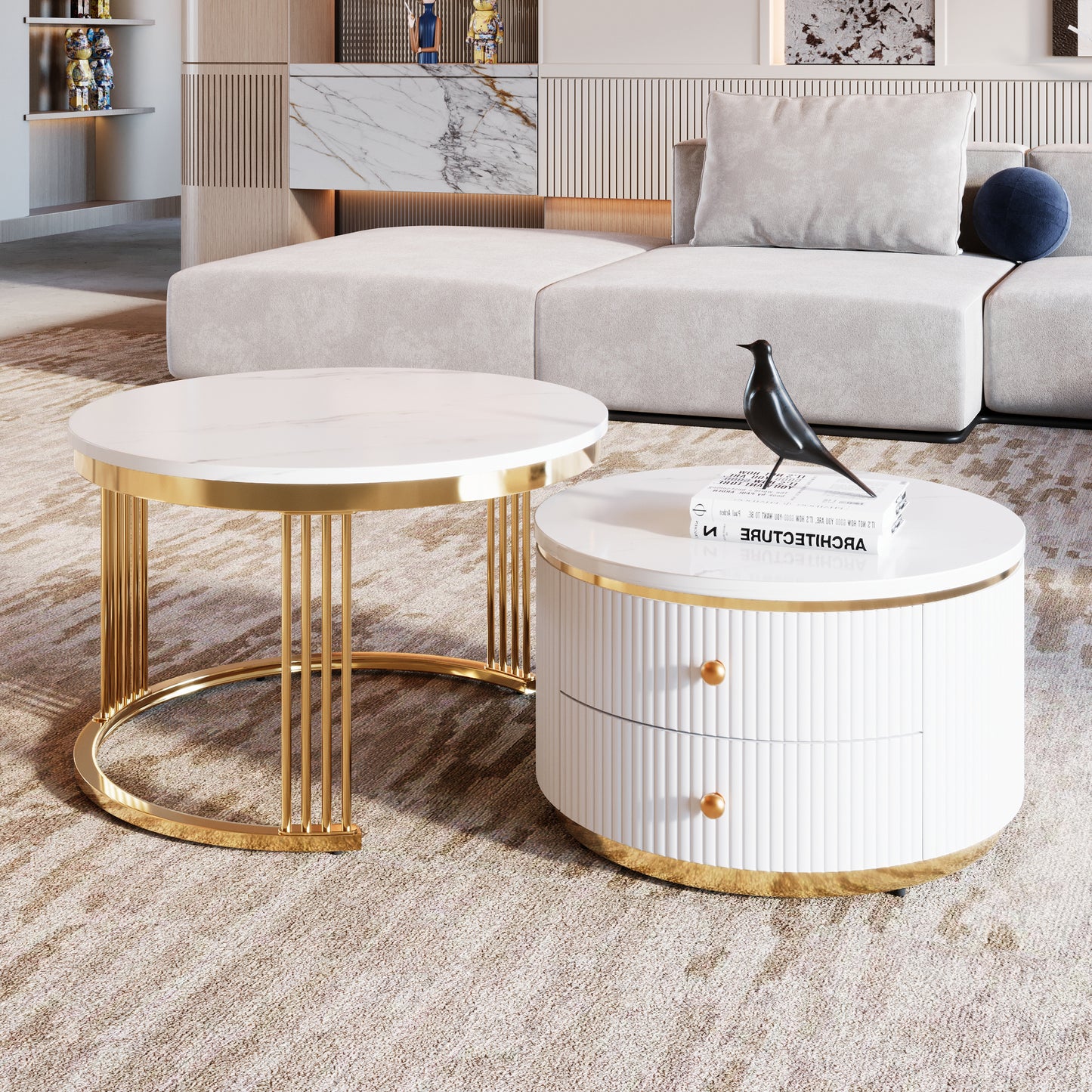 Modern 2 Pieces White Round Nesting  Coffee Table with Drawers in 27.6''