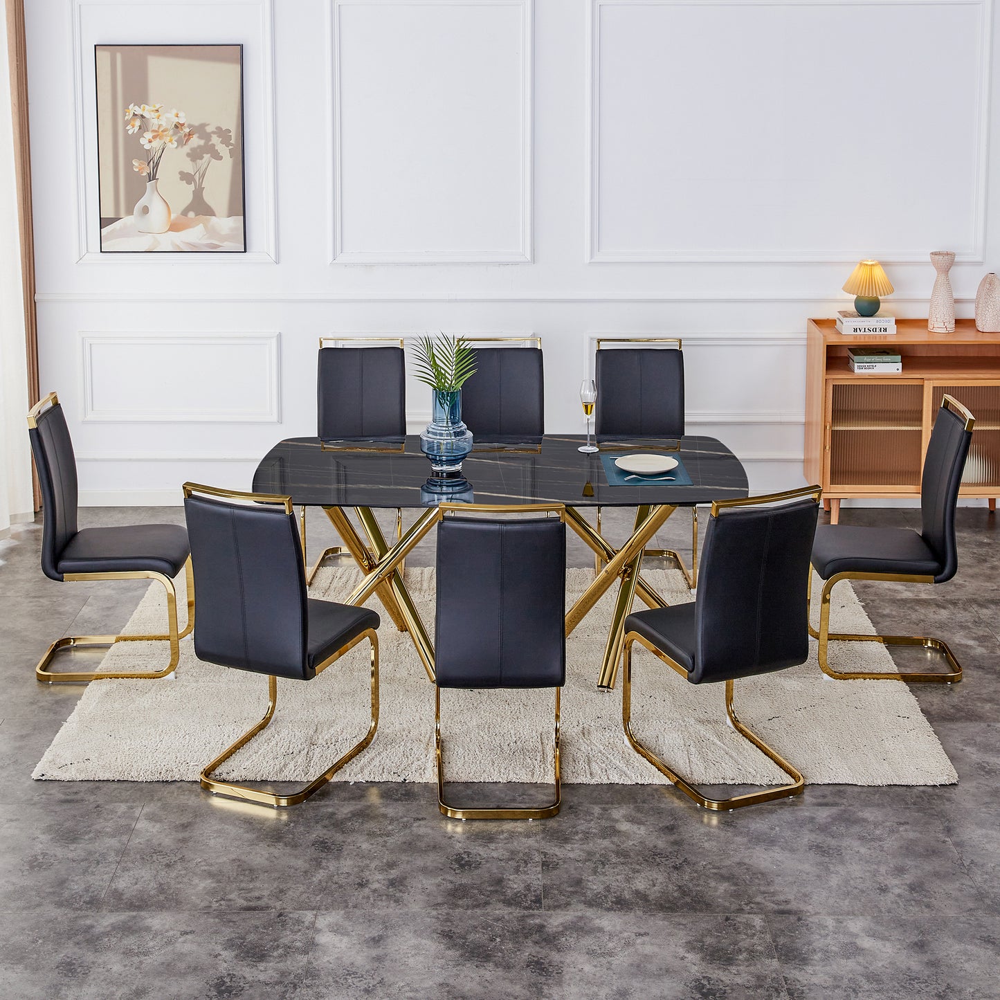 Large modern minimalist rectangular dining table with 0.39 "imitation marble black desktop and gold metal legs, for Kitchen Dining Living Meeting Room Banquet hal  1538