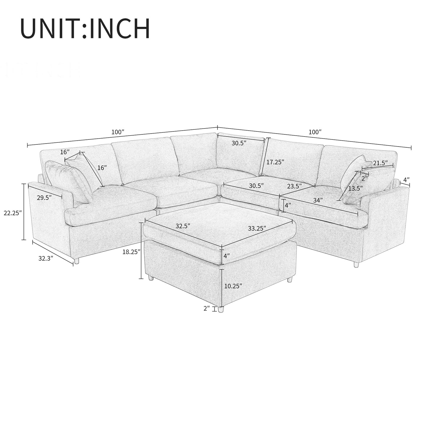 U_STYLE Modern Large U-Shape Sectional Sofa, with Removable Ottomans for Living Room (6-Seater)