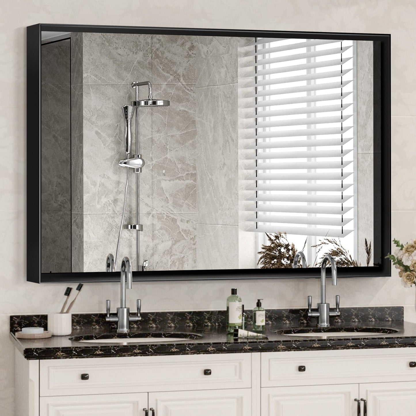 36x30inch Glossy Black Bathroom Mirrors For Wall Rectangle Vanity Mirror Corner Hangs Farmhouse Mirror Modern Metal Framed Rectangular Mirror, Decorative Square Corner Mirror(Horizontal & Vertical)