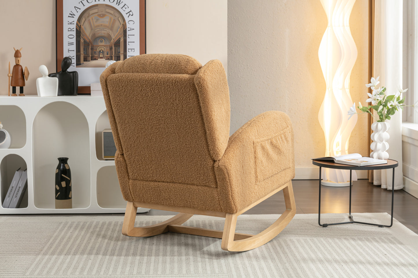 049-Teddy Fabric Rocking Chair With Packet Wood Legs,Khaki