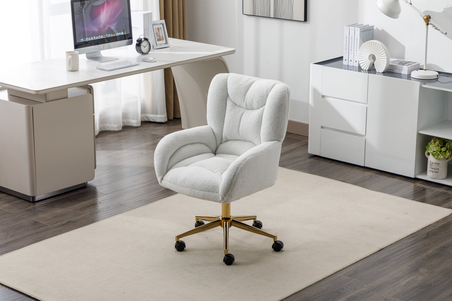 005-Teddy Fabric 360 Swivel Home Office Chair With Gold Metal Base And Universal Wheels,Ivory