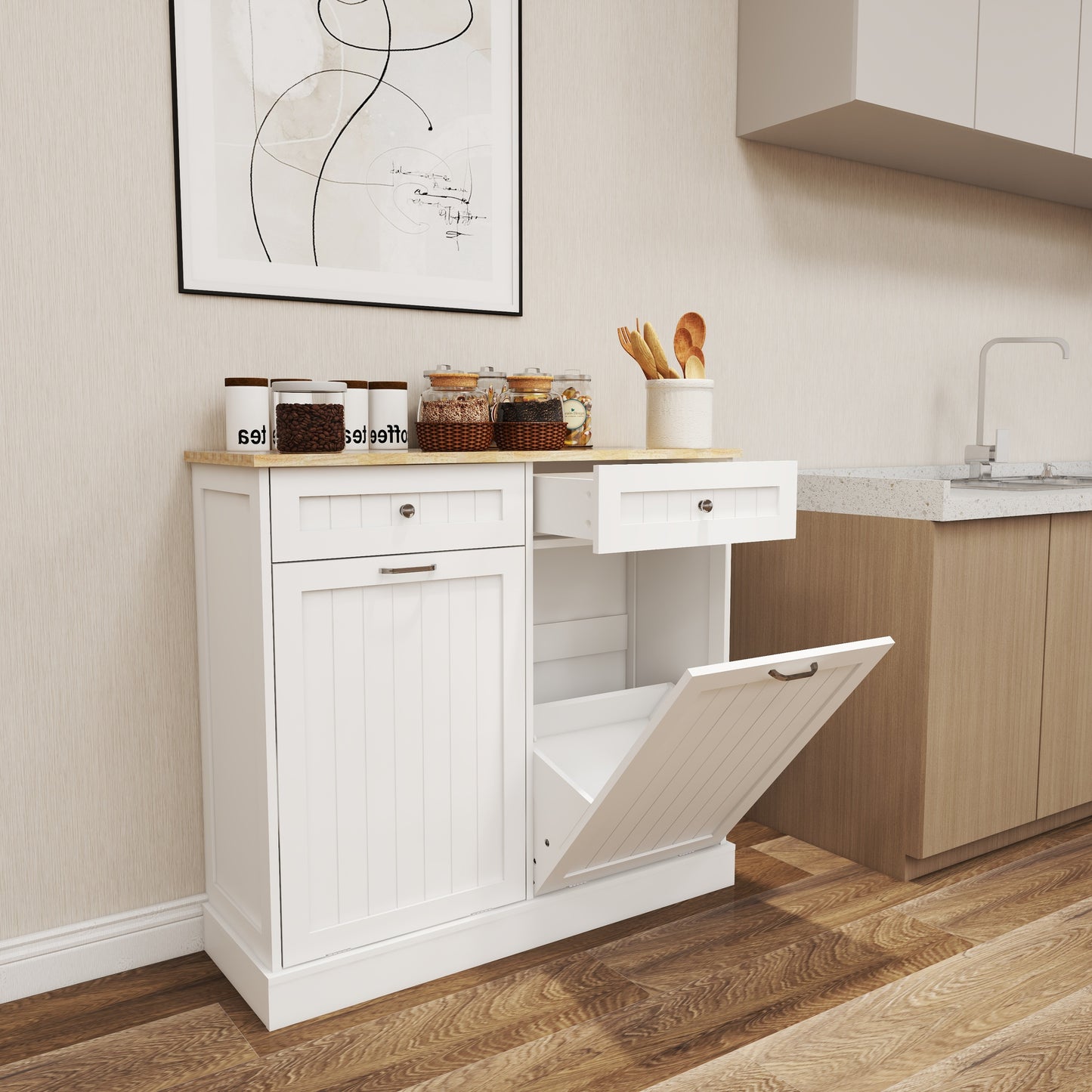 Two Drawers and Two-Compartment Tilt-Out Trash Cabinet Kitchen Trash Cabinet-White