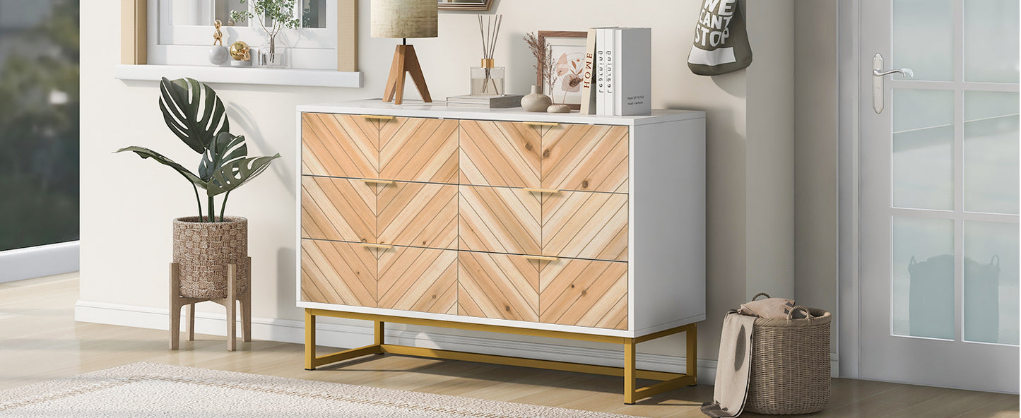 6 Drawer Dresser with Metal Leg and Handle for Bedroom, Storage Cabinet with Natural Wood Finish Drawer,White+Natural