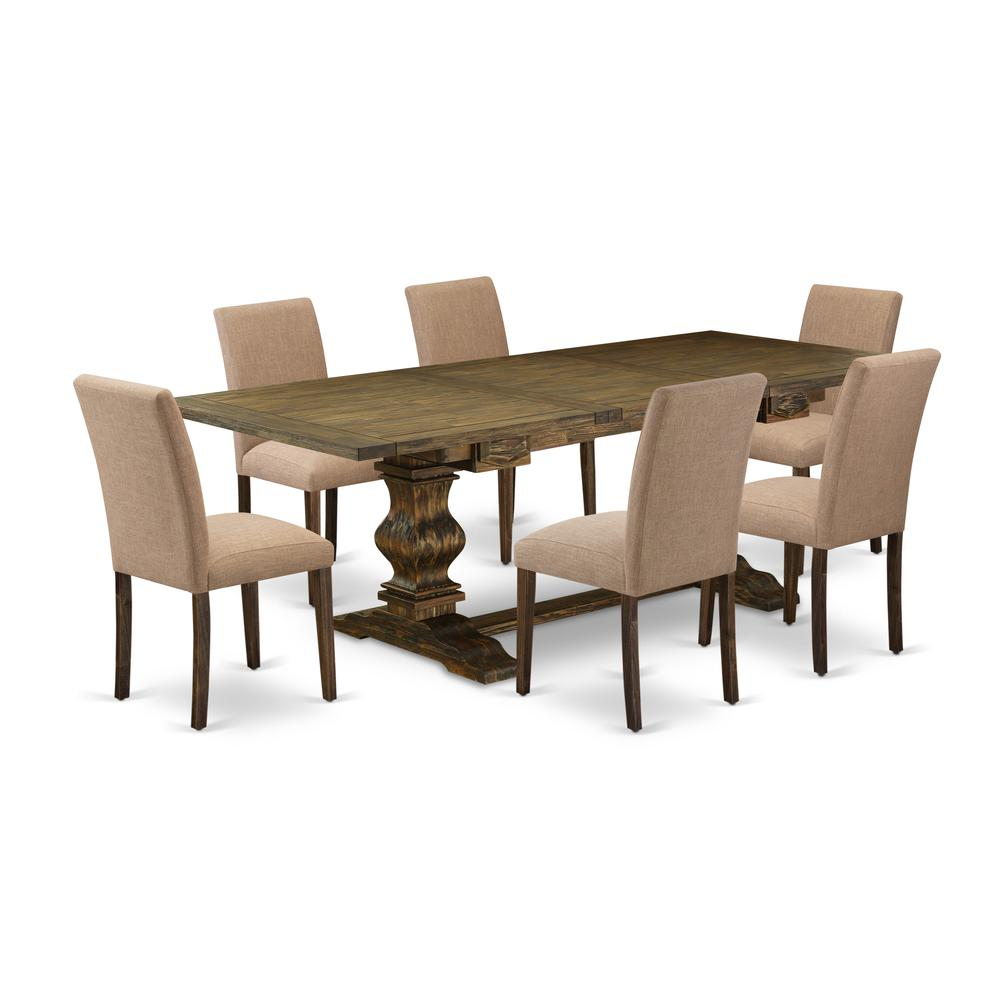 East West Furniture LAAB7-77-47 7Pc Kitchen and Dining Room Tables Set Includes a Kitchen Table and 6 Parson Dining Chairs with Light Sable Color Linen Fabric, Medium Size Table with Full Back Chairs,