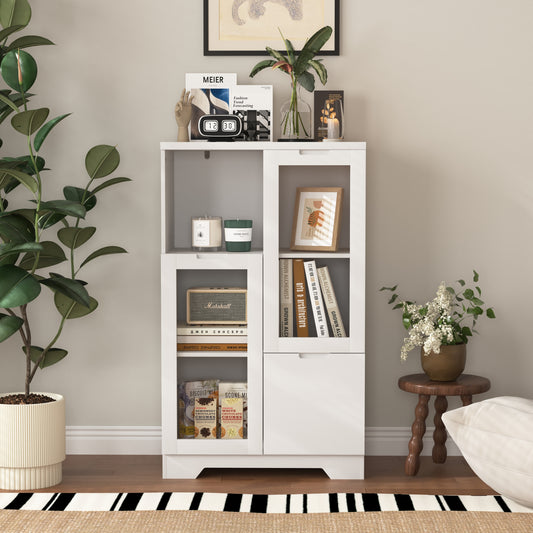 Wooden Floor Cabinet with 2 Glass Doors and 2 Storage Space,White ,Living Room Bathroom Entryway White