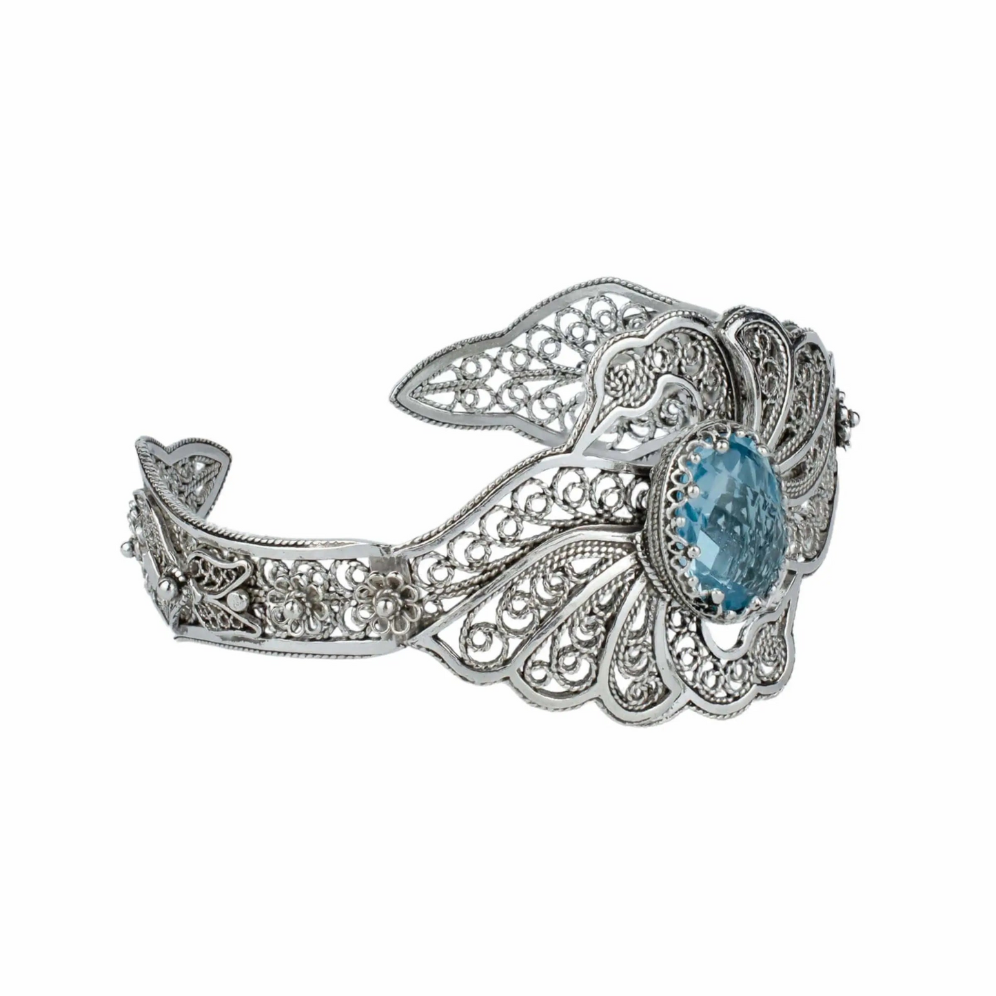 Filigree Art Blue Topaz Gemstone Double Swan Figured Women Silver Cuff Bracelet
