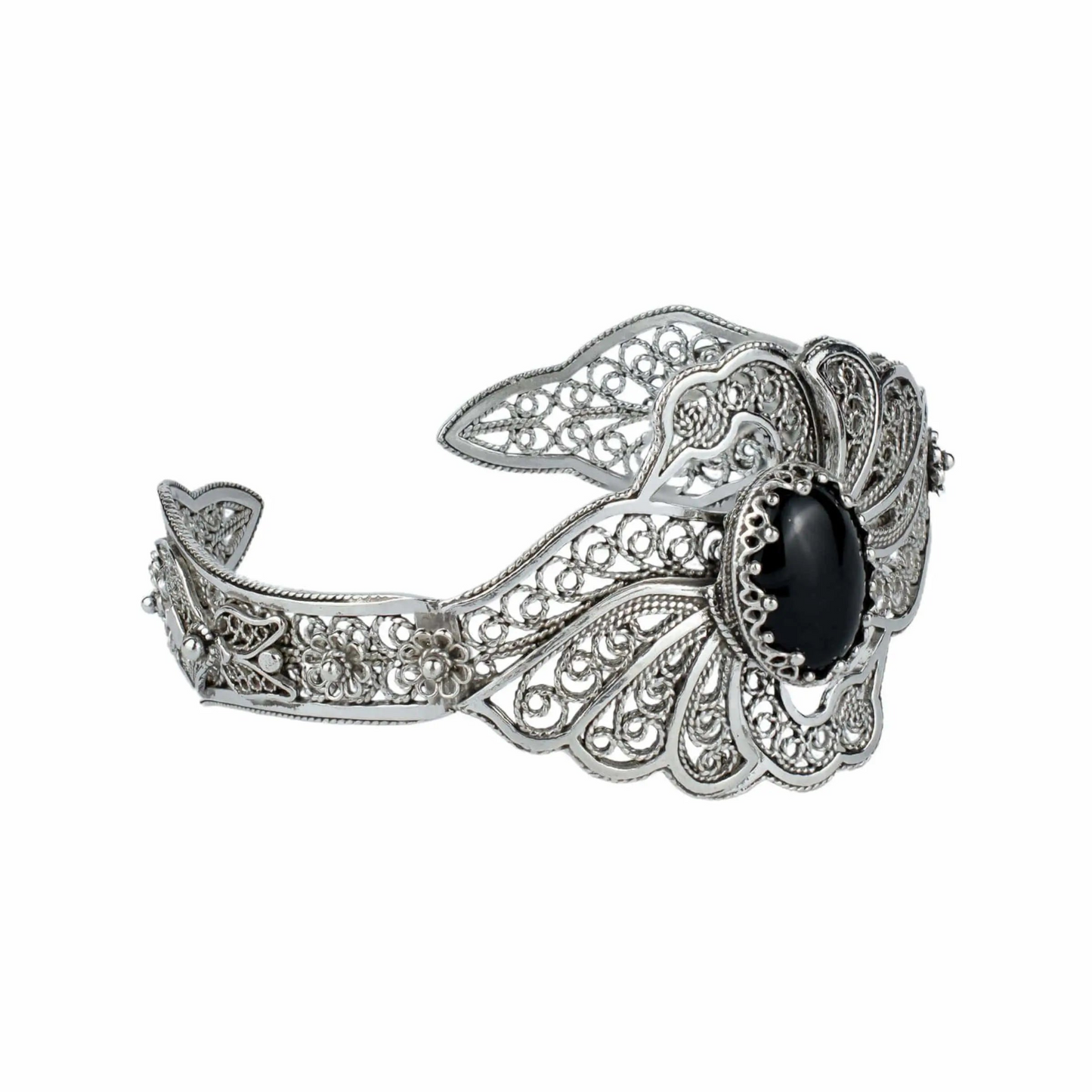 Filigree Art Black Onyx Gemstone Double Swan Figured Women Silver Cuff Bracelet
