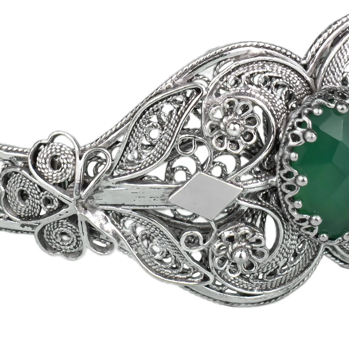 Sterling Silver Filigree Art Green Agate Gemstone Women Cuff Bracelet