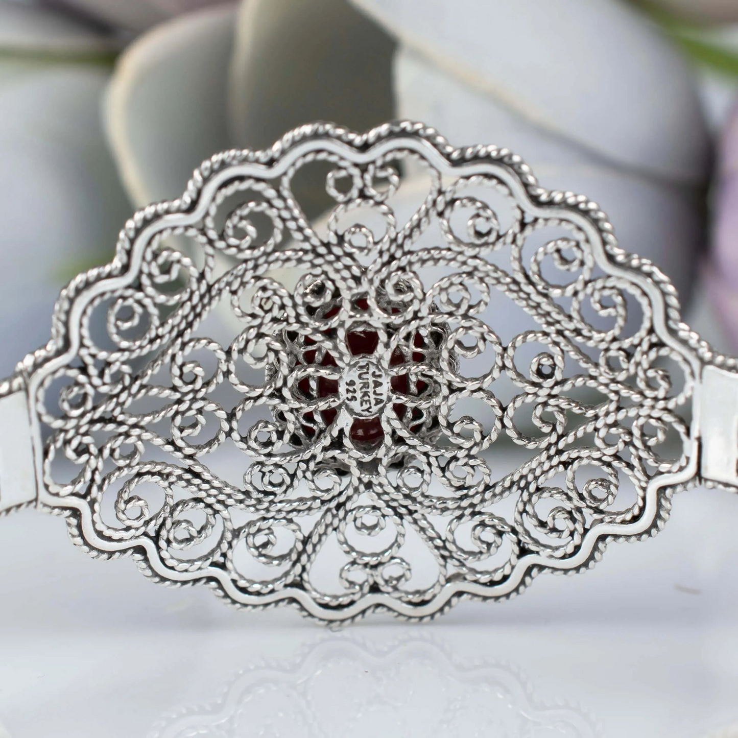 Filigree Art Carnelian Gemstone Lace Detailed Women Silver Cuff Bracelet