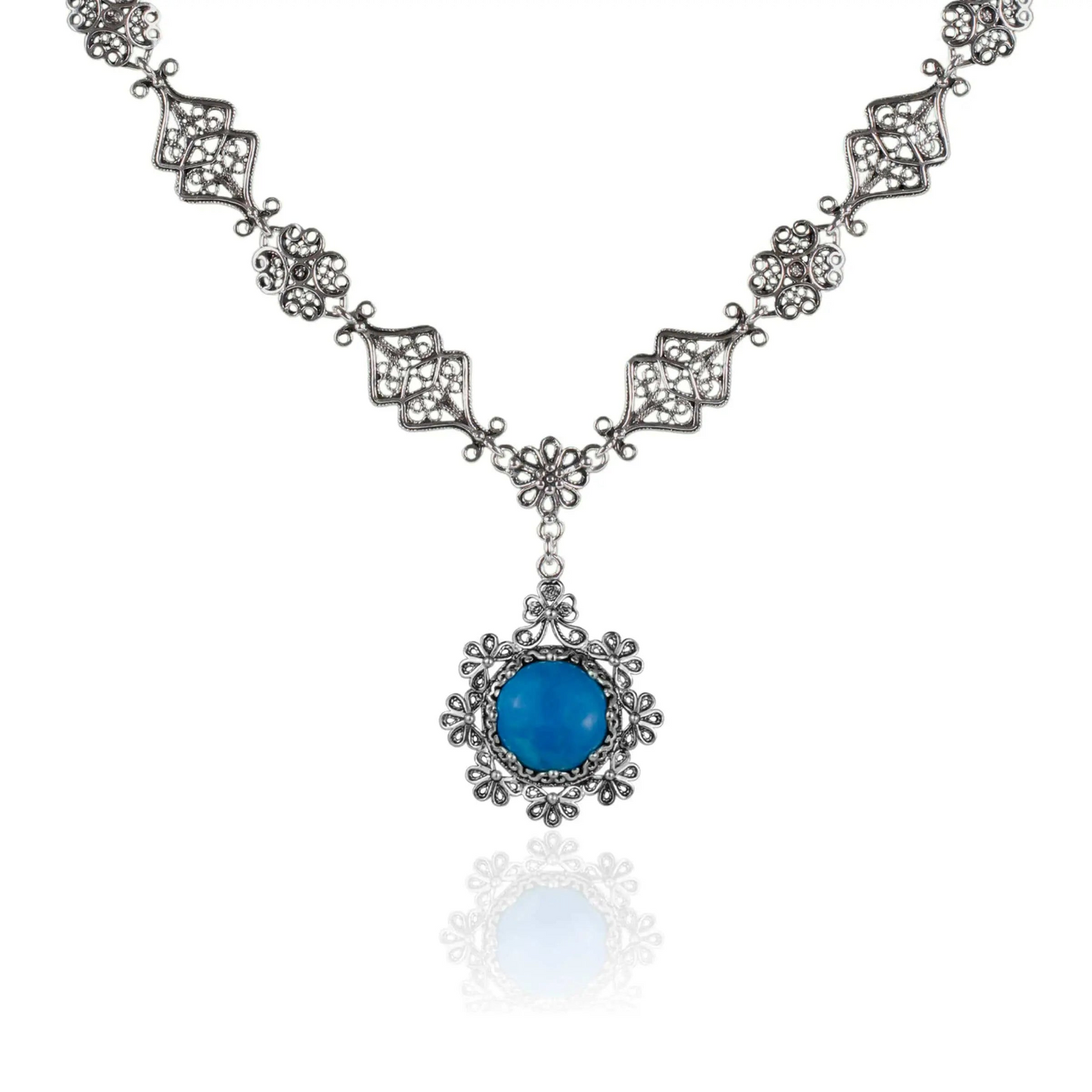 Filigree Art Turquoise Gemstone Women Silver Choker Necklace