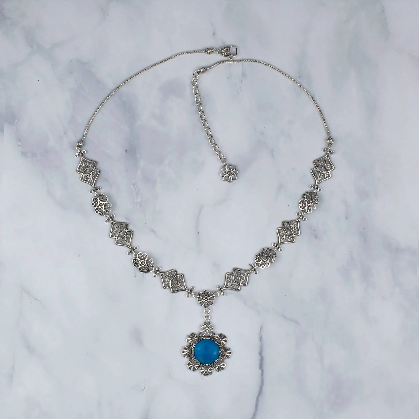 Filigree Art Turquoise Gemstone Women Silver Choker Necklace