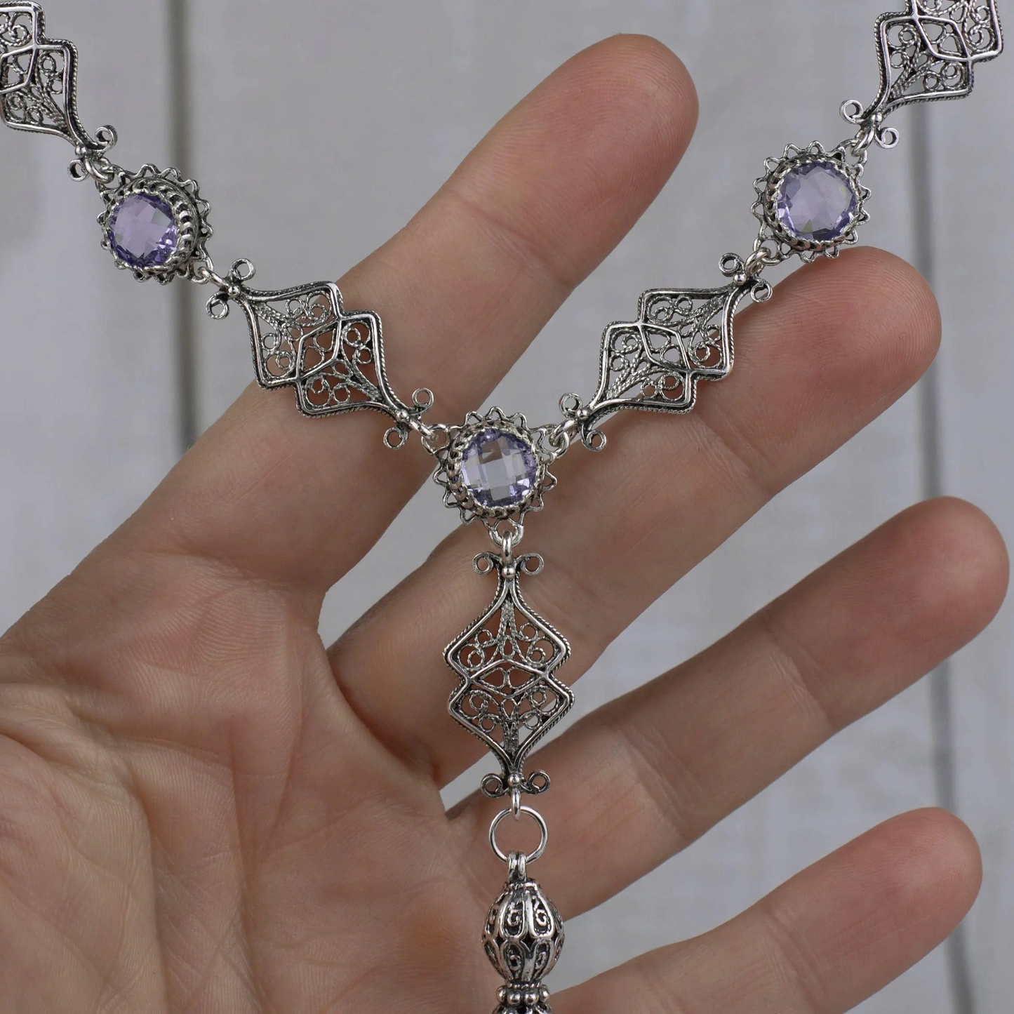 Filigree Art Amethyst / Blue Topaz Gemstone Women Silver Tassel Choker Necklace