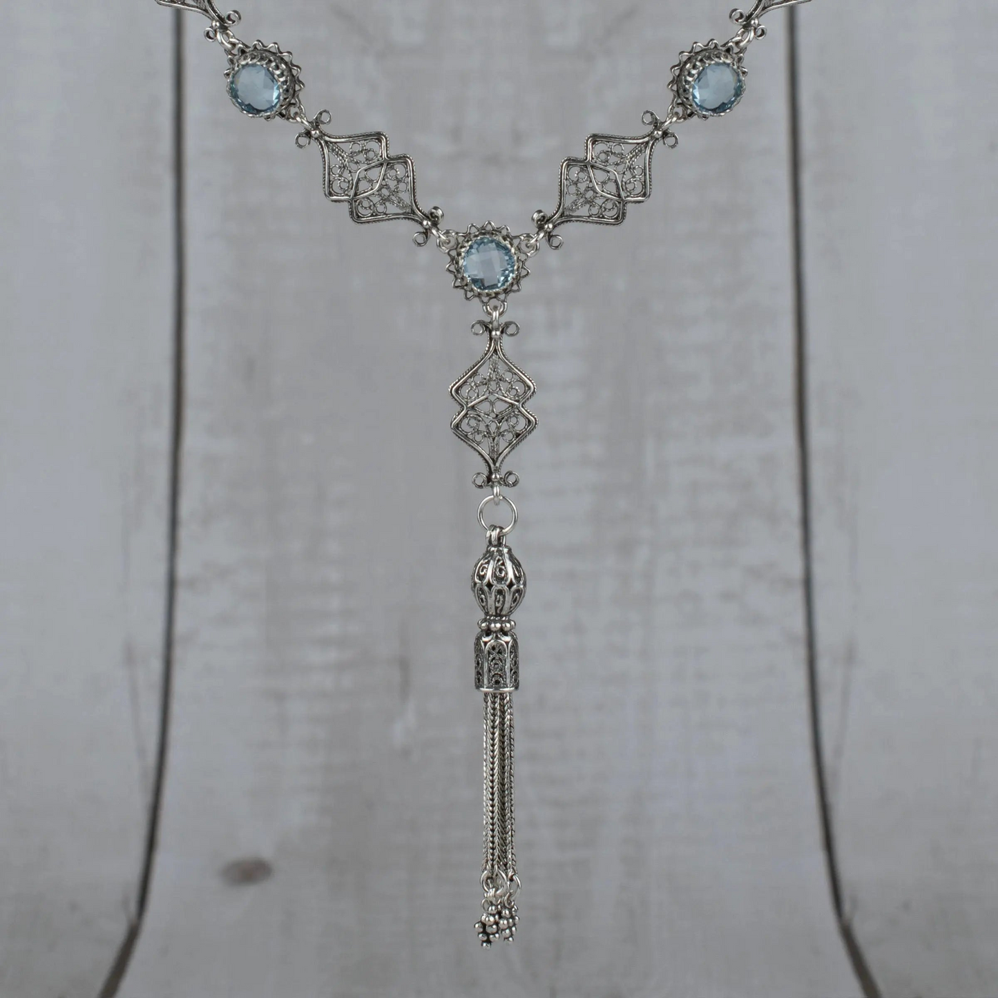 Filigree Art Amethyst / Blue Topaz Gemstone Women Silver Tassel Choker Necklace
