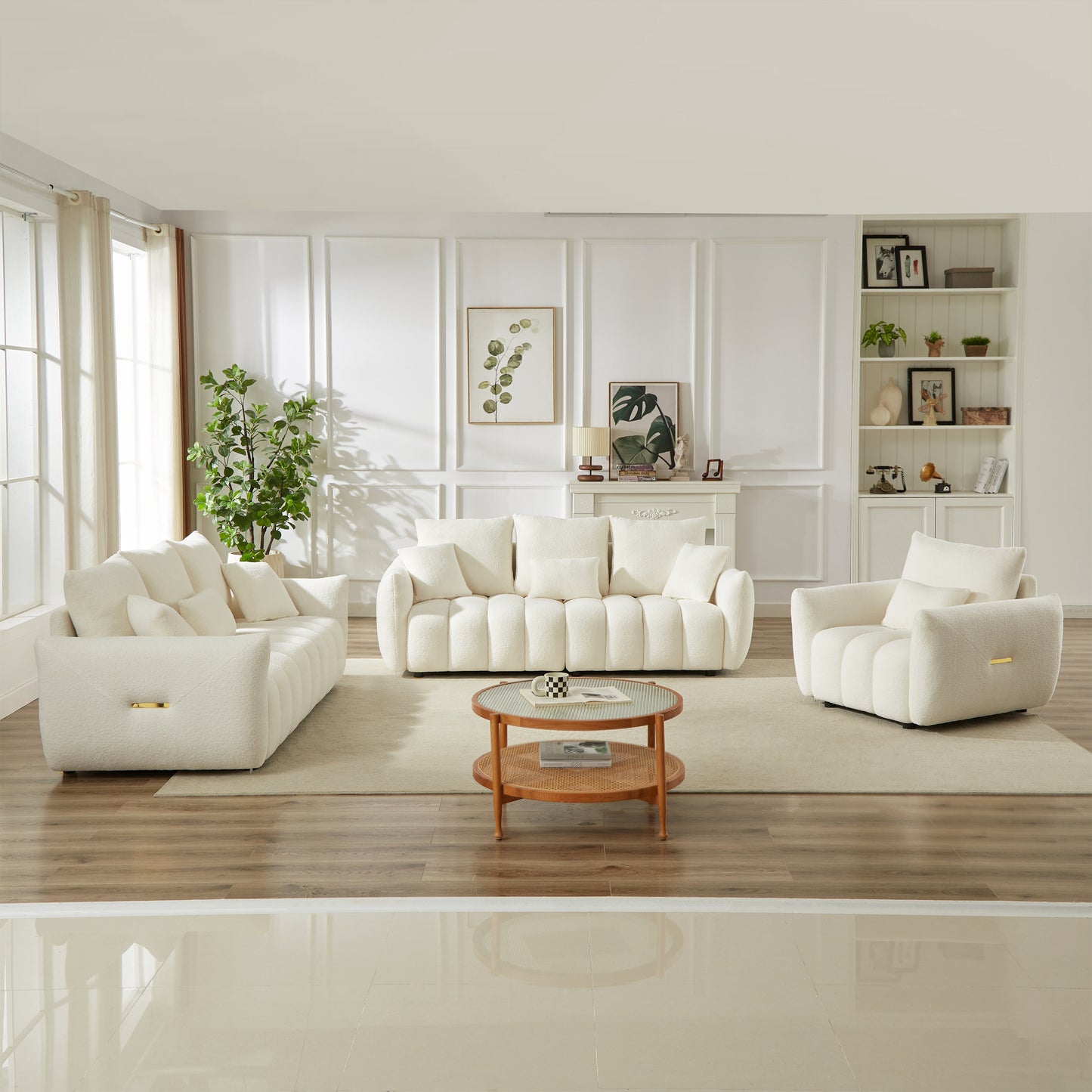 1 Seater + 3 Seater + 3 Seater,  Combo Sofa Modern Living Room Sofa, Teddy Sofa, Wooden Frame, 7 Cushions, Apartment Sofa Furniture