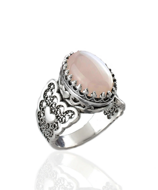 Rose Quartz Gemstone Double Heart Detailed Filigree Art 925 Sterling Silver Women Statement Ring