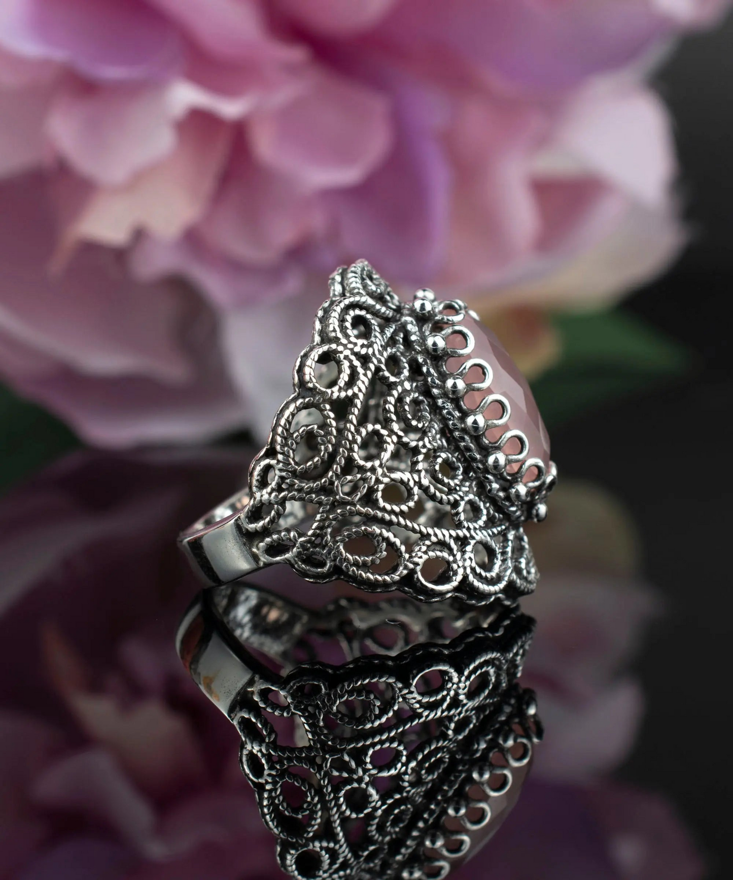 Filigree Art Pink Chalcedony Gemstone Lace Detailed Women Silver Statement Ring