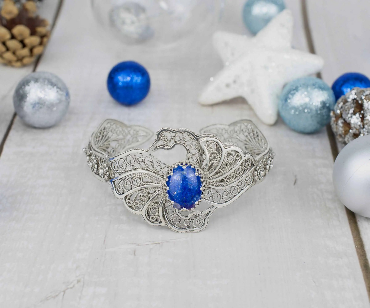 Filigree Art Lapis Lazuli Gemstone Double Swan Figured Women Silver Cuff Bracelet